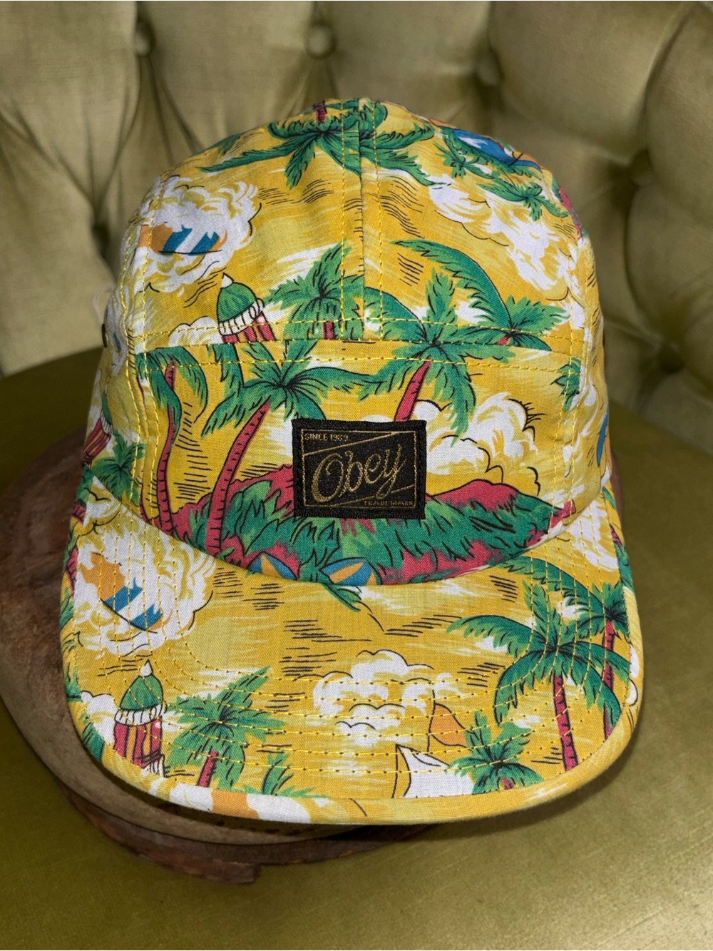 Obey 5 Panel Hat Cap Surf Tropical Beach Palm Tree Yellow Multicolor 100% Cotton